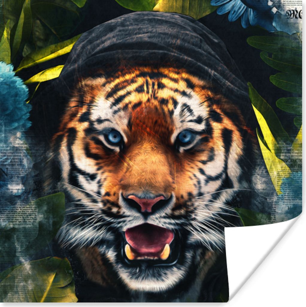 MuchoWow Poster Tiger - Blumen - Blau 75x75 cm - Wand Dekoration