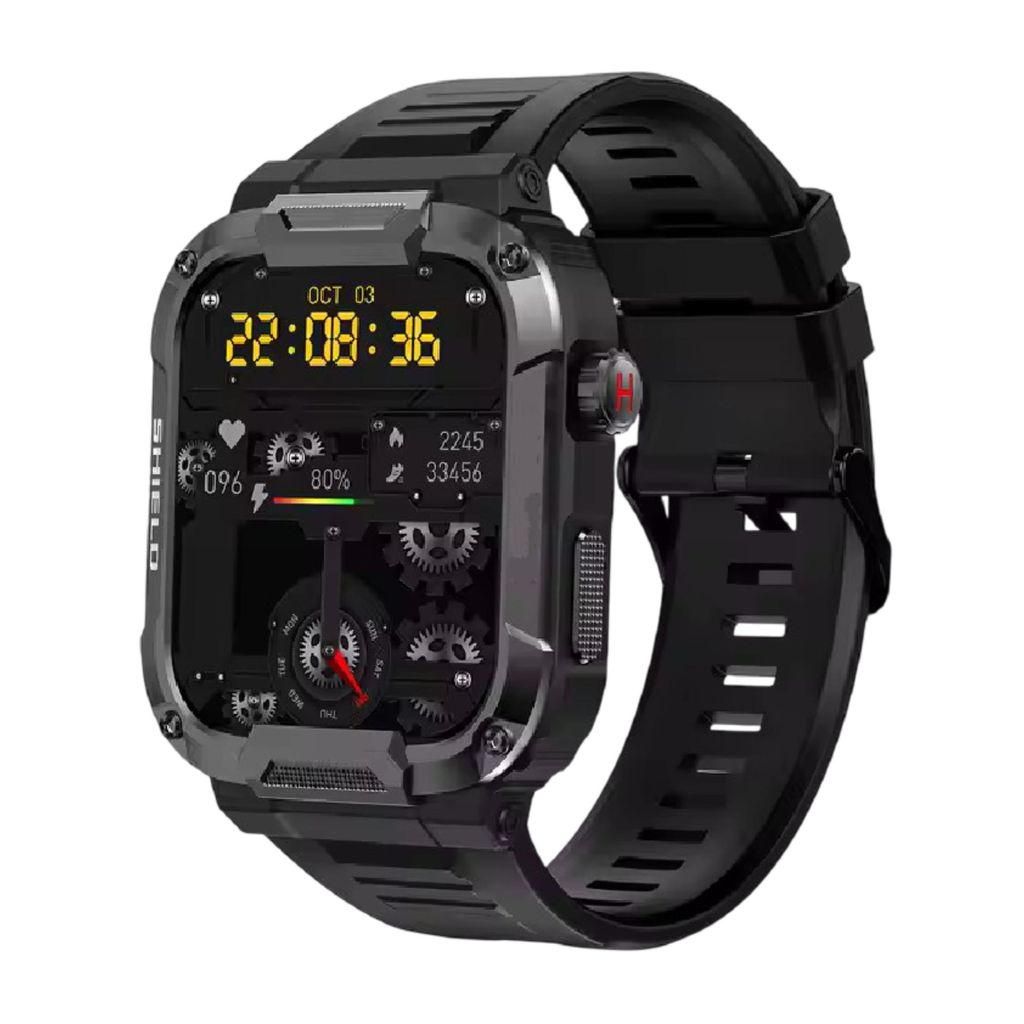 A close-up studio shot of a black smartwatch with a rugged design.