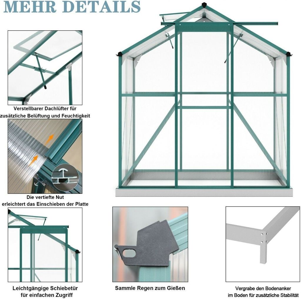 Aluminium Gewächshaus 4,75m² mit Fundament 253x190cm Produktbild 4