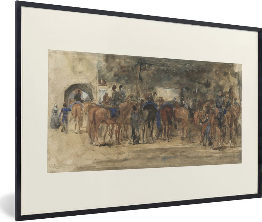 MuchoWow Gerahmtes Poster Ruhende Kavallerie in einem Karree - Gemälde von George Hendrik Breitner 30x20 cm - Poster mit Schwarzem Bilderrahmen ...
