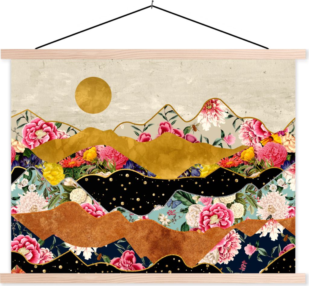 MuchoWow Textilposter Gold - Blumen - Druck - Abstrakt - Landschaft - Muster 60x45 cm mit holzfarbenen Rahmen - Bild