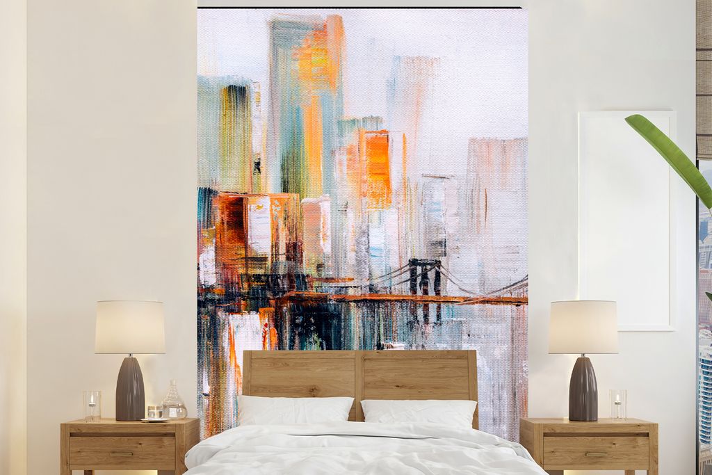 MuchoWow Fototapete für Wohnzimmer oder Schlafzimmer Wandtapete Vinyl Motivtapete Ölgemälde - Skyline - Abstrakt - 200x300 cm - Wanddekorationen
