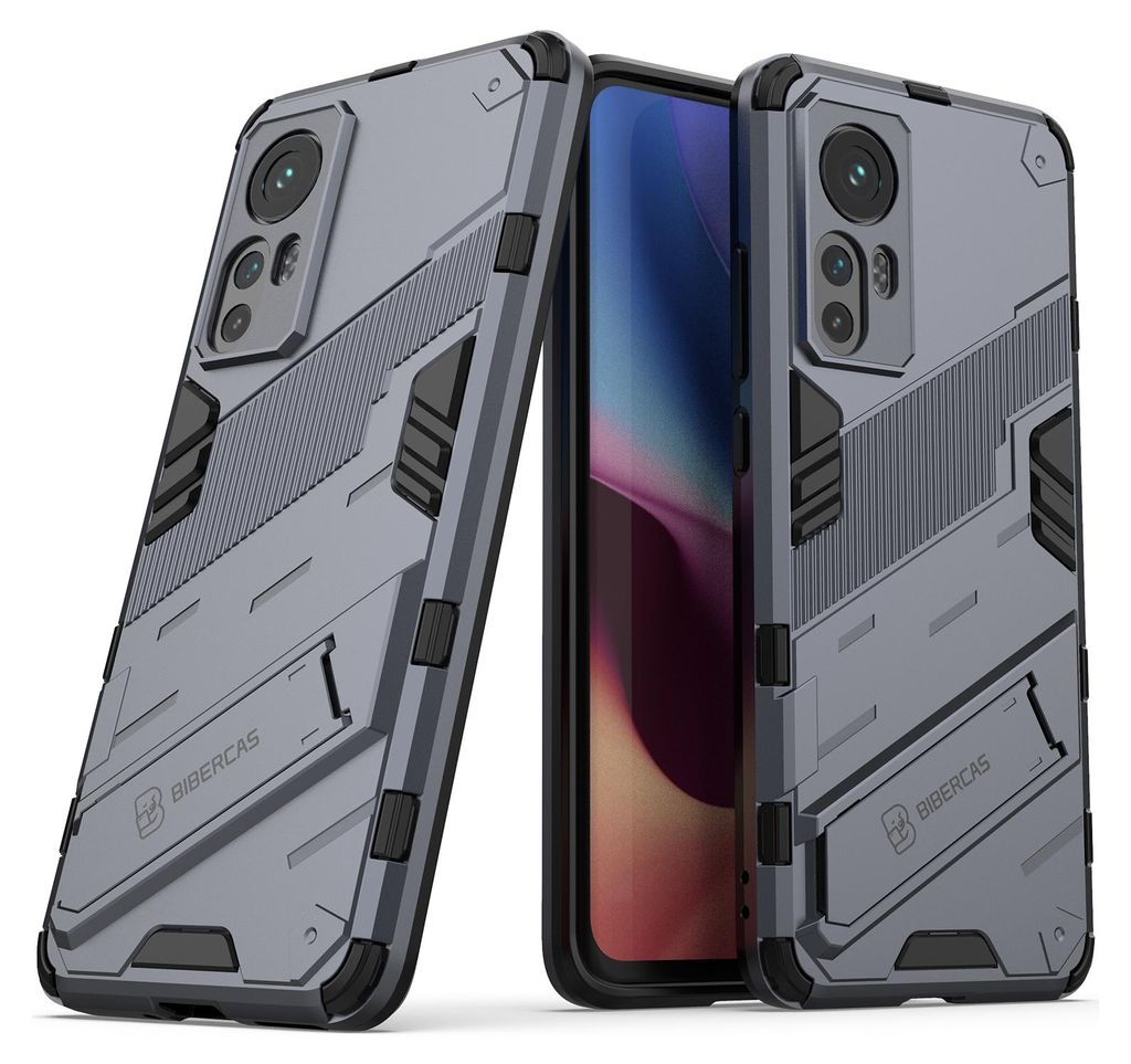 Armor Hülle für Xiaomi 12 / 12S / 12X, Hybrid PC TPU Bumper Stoßfestes Schutzhülle mit Standfunktion Grau