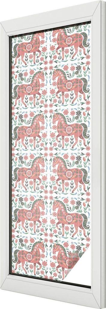 Buntglas Fensterfolie – 146x50 cm – Stained-Glass Design – blickdichte dekorative Sichtschutzfolie – selbstklebend, UV-Schutz – Bunte Pferde