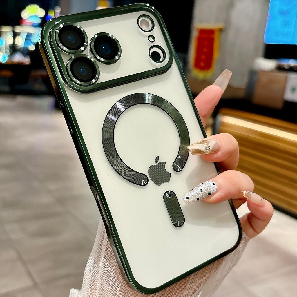 Magnetische Klar Hülle für iPhone 17 Pro, Kompatibel mit MagSafe, Elektroplattiert Handyhülle mit Kameraschutz Dunkelgrün