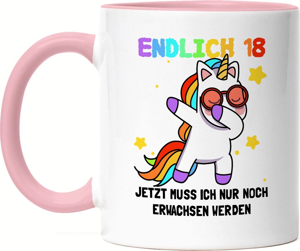 Endlich 18 Tasse Rosa Geburtstag Einhorn Lustig Spruch Frauen Geschenkidee Mädchen 18. Geburtstag 18 Jahre