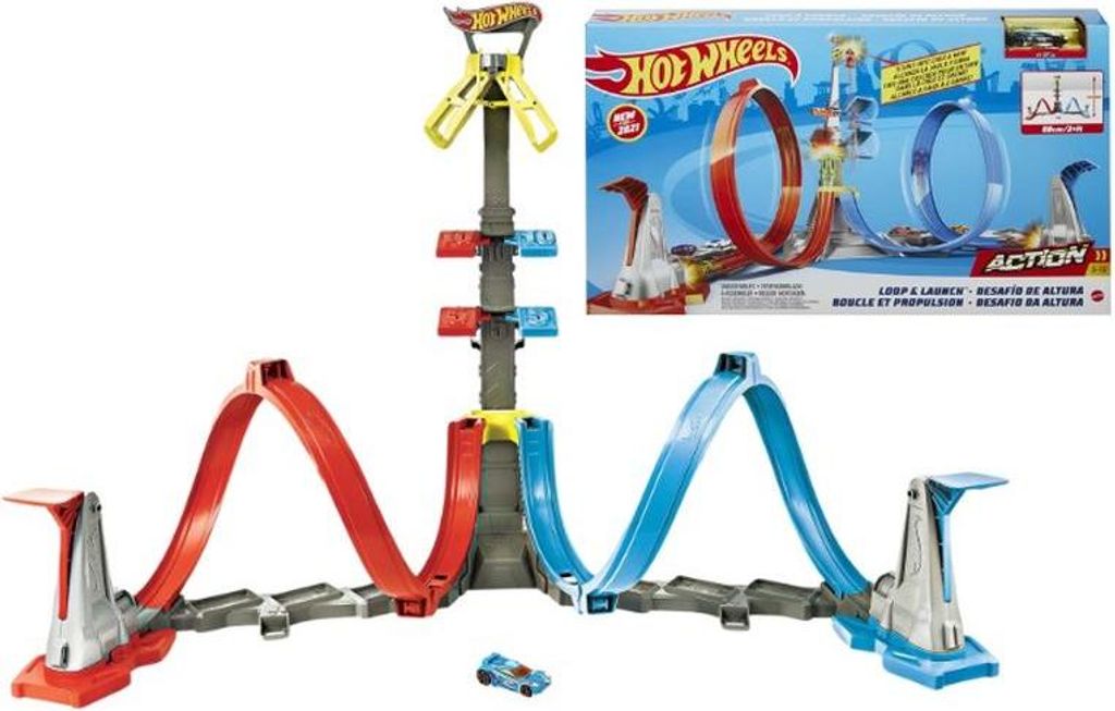 A Hot Wheels Loop & Launch track set is displayed with its packaging.