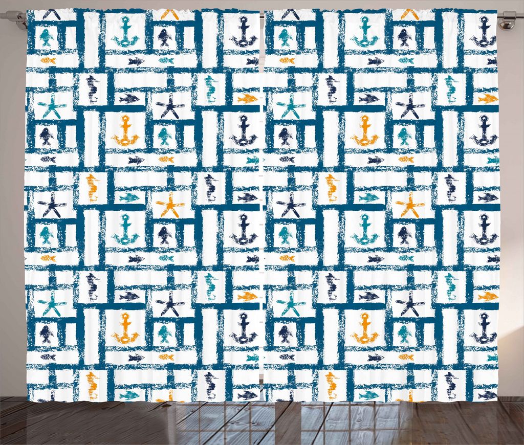 ABAKUHAUS Ozean Rustikaler Gardine, Seestern Anchor Seahorse, Schlafzimmer Kräuselband Vorhang mit Schlaufen und Haken, 280 x 245 cm, Petrol Blau ...