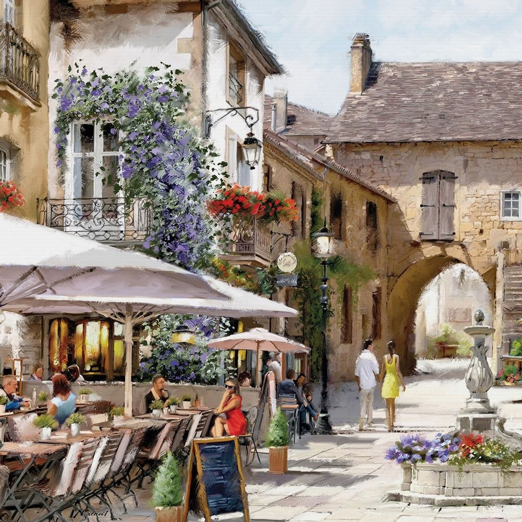 An outdoor cafe scene in a European-style town square with people dining and walking.