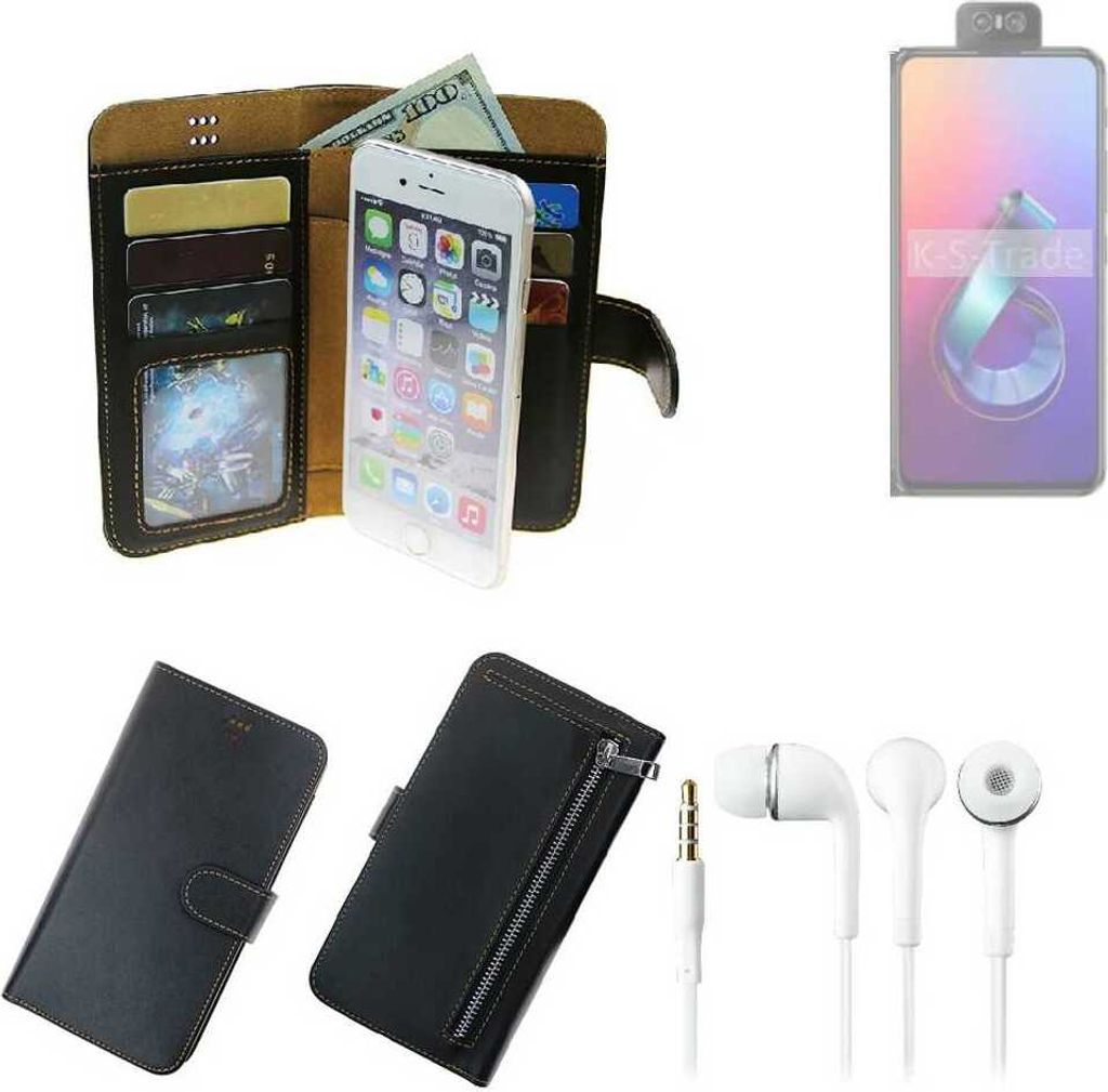 TOP SET Handy Hülle Schutz Hülle kompatibel mit Asus Zenfone 6 (2019) schwarz aus Kunstleder + Kopfhörer Smartphone Tasche vollwertige Geldbörse