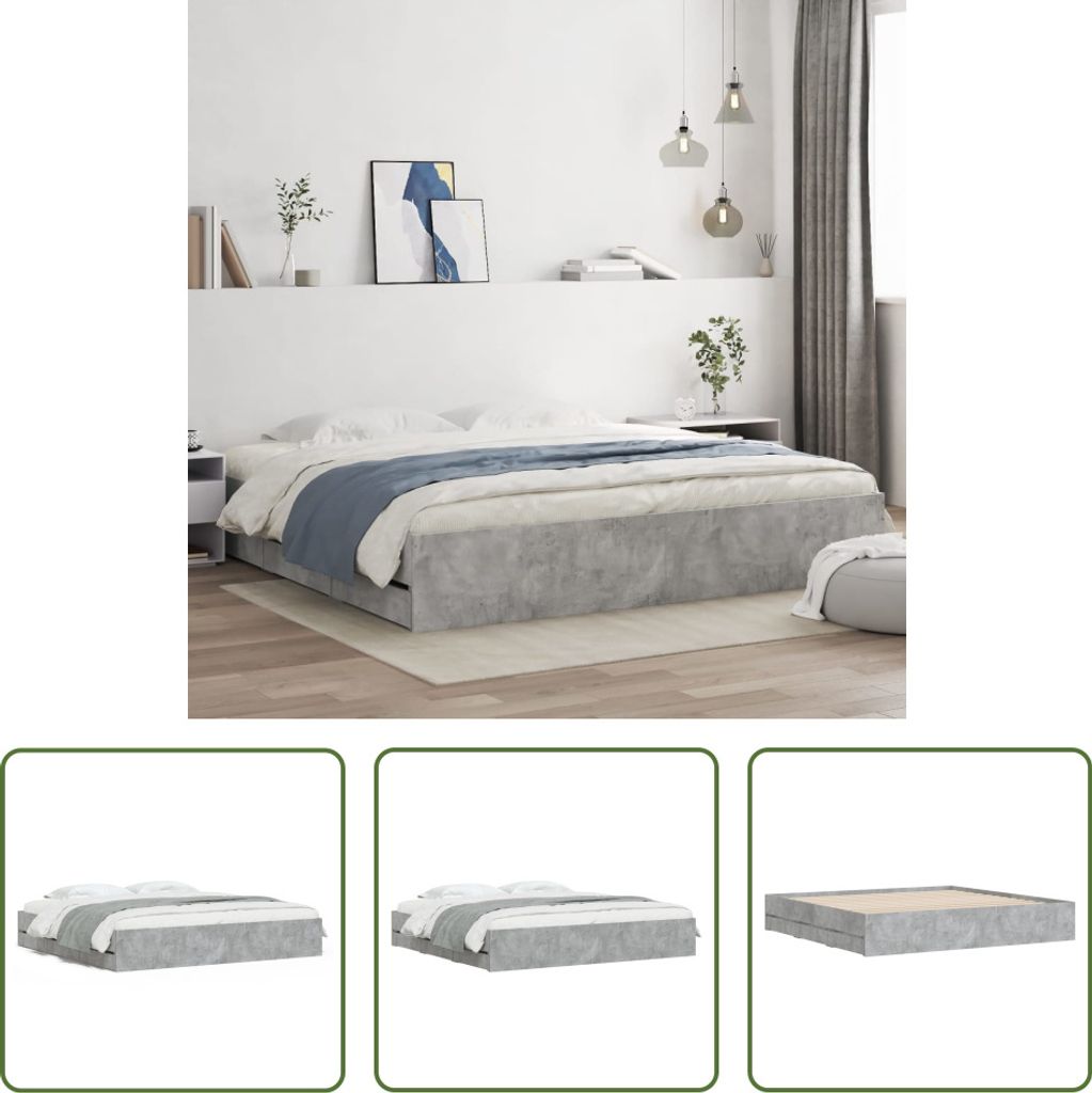 The Living Store Bettgestell mit Schubladen Betongrau 180x200 cm Holzwerkstoff