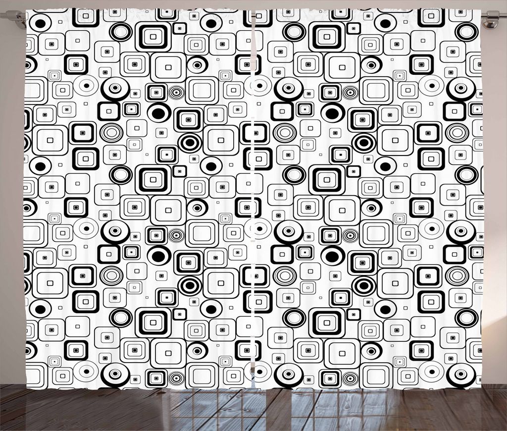 ABAKUHAUS Schwarz und weiß Rustikaler Gardine, Quadrate Kreise, Schlafzimmer Kräuselband Vorhang mit Schlaufen und Haken, 280 x 225 cm, Weiß Sch...