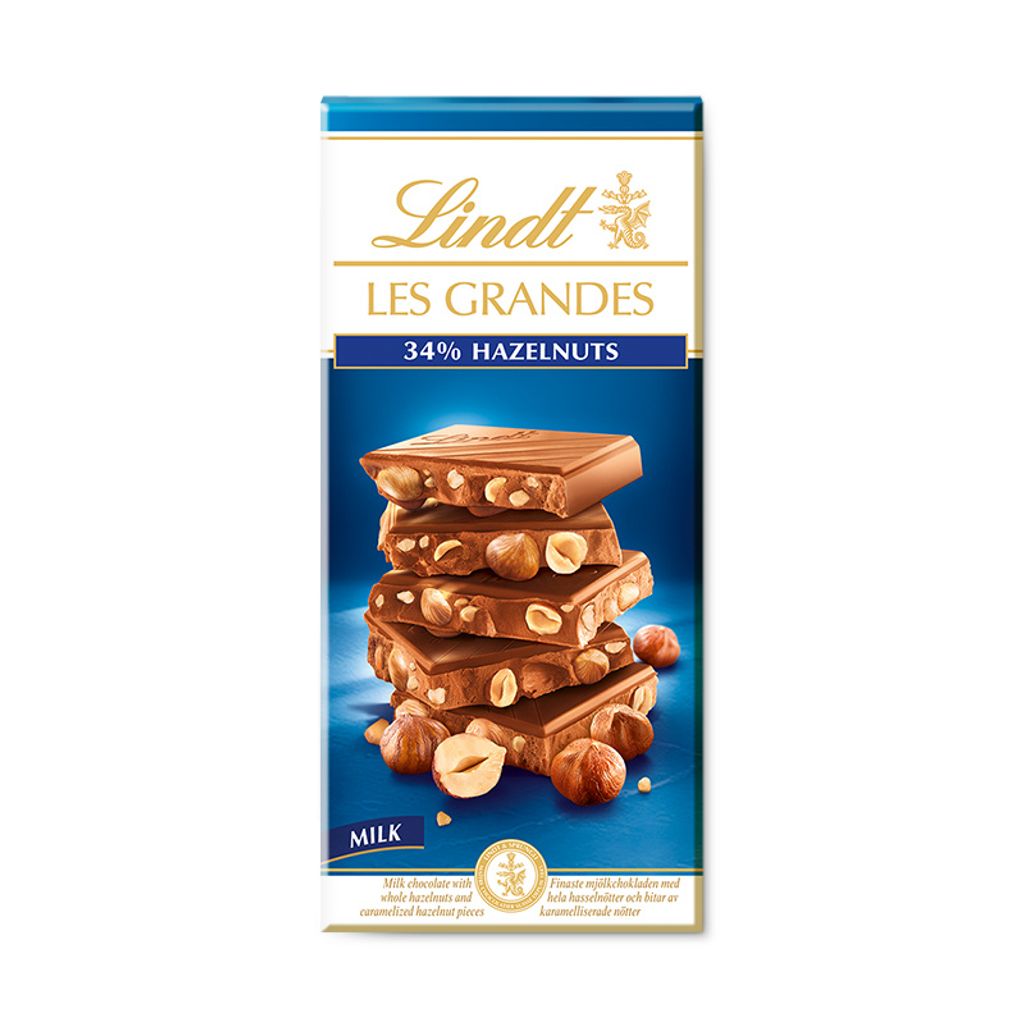 A stack of Lindt hazelnut chocolate bars on a white background.