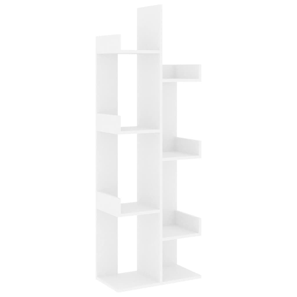 A white, modern bookshelf with multiple shelves.