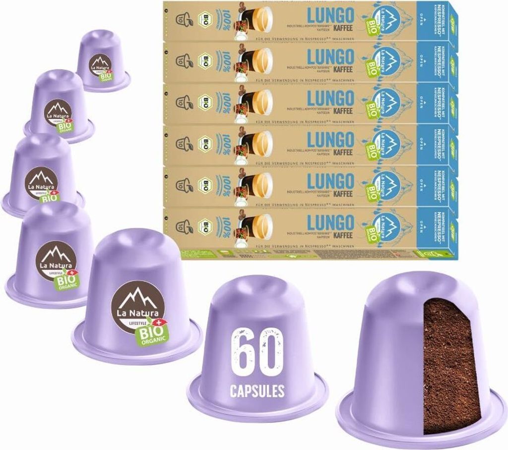 Lungo Kaffee - 60 Kaffeekapseln | La Natura Lifestyle Organic 306g| biobasiert | Nespresso *³ kompatible