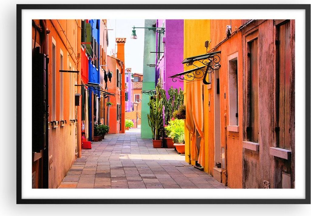 Gerahmtes Poster - Schwarzer Rahmen - Sommer Straße Haus - 91,5x61 cm - Wand Bild - Wanddeko - Wandbilder - Kunstposter - Wandposter - Bilderrahme...