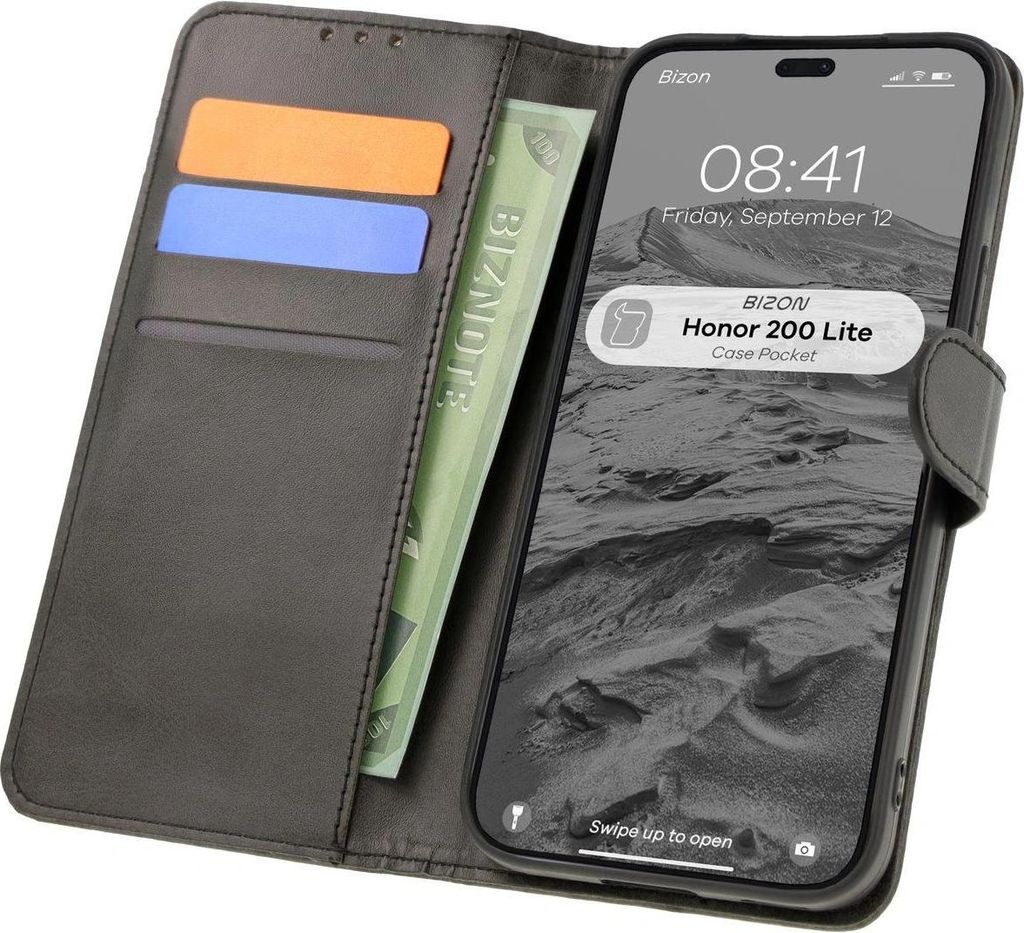 Bizon Case Pocket Flip Case für Honor 200 Lite, Schwarz