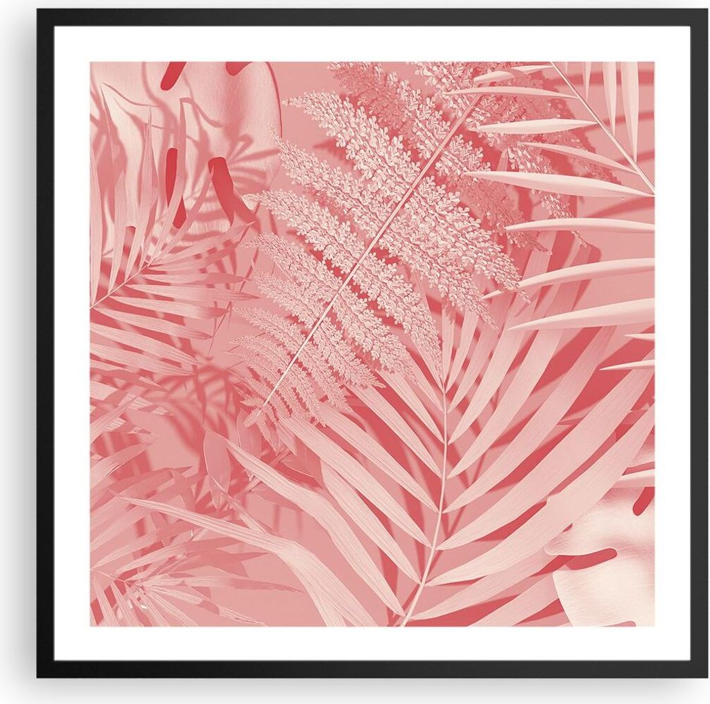 Gerahmtes Poster - Schwarzer Rahmen - Rosa Blätter Palmen - 60x60 cm - Wand Bild - Wanddeko - Wandbilder - Kunstposter - Wandposter - Bilderrahmen...