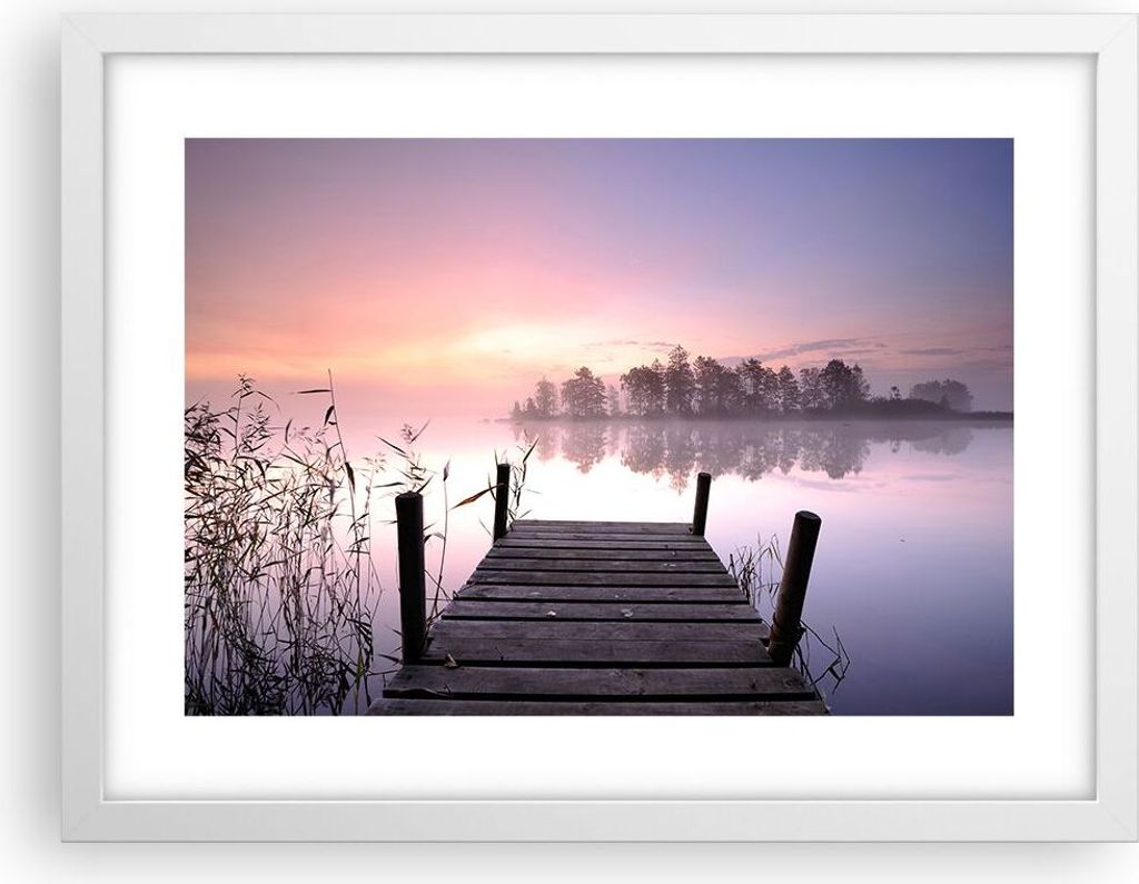 Gerahmtes Poster - Weißer Rahmen - Morgen Sonnenaufgang Nebel See - 40x30 cm - Wand Bild - Wanddeko - Wandbilder - Wandposter - Bilderrahmen - Bil...