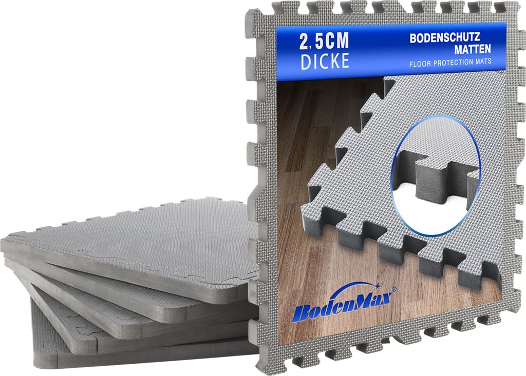 BodenMax Sportmatte Fitnessraum EVA Gymnastikmatte rutschfest Pool Unterlegmatte Bodenschutz dick | 58x58x2.5 cm grau | 12 Stück