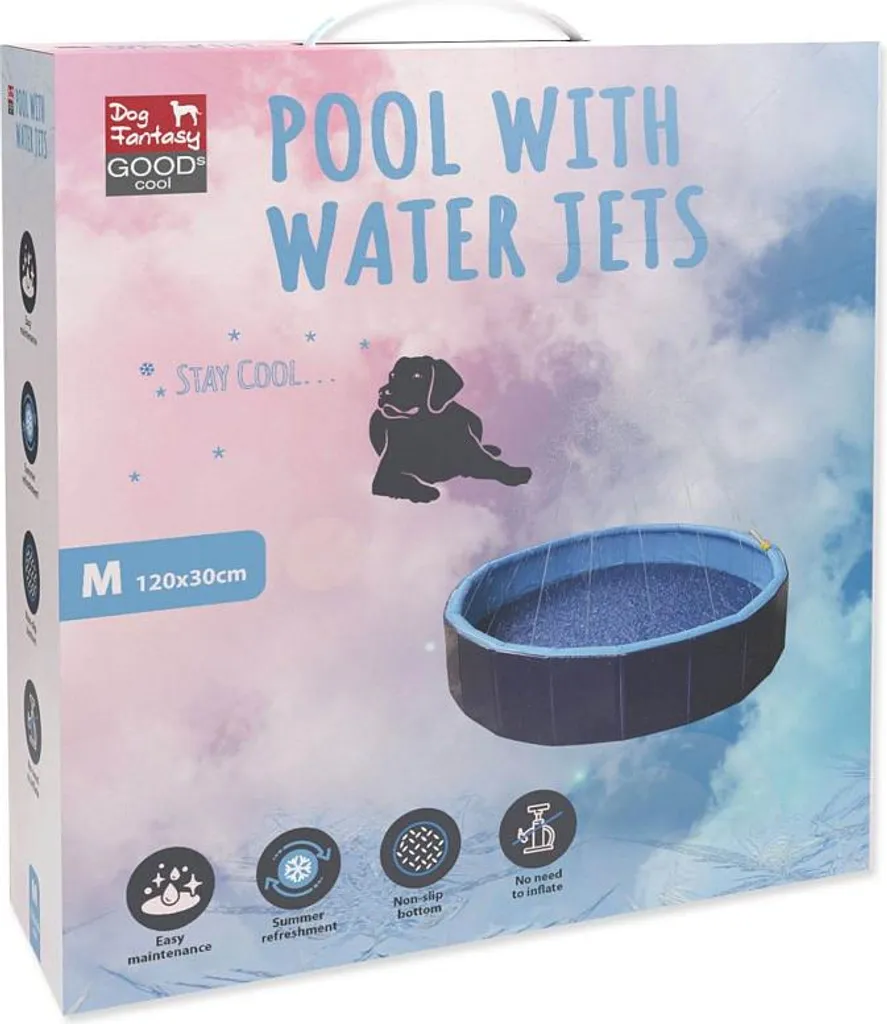Piscine rafraîchissante pour chien 120cm avec jets d'eau et fond bleu