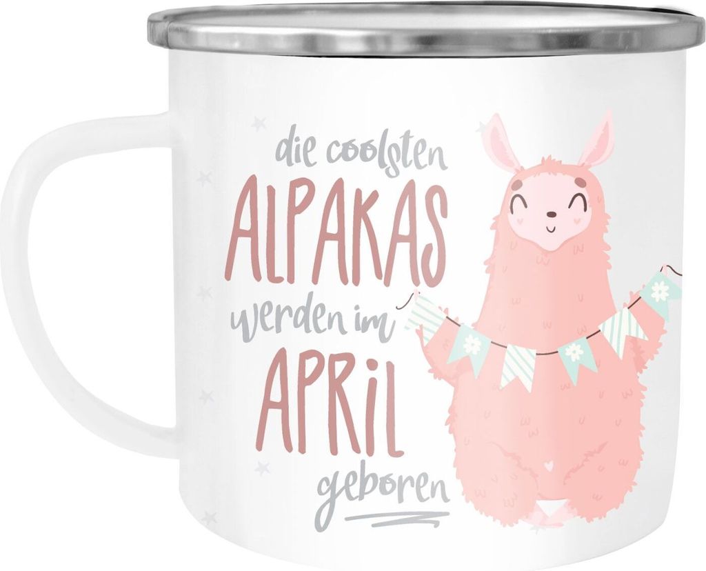 Emaille Tasse Becher die coolsten Alpakas werden im "Wunschmonat" geboren Geschenk-Tasse Geburtstagsgeschenk Moonworks April weiß-metall unisize