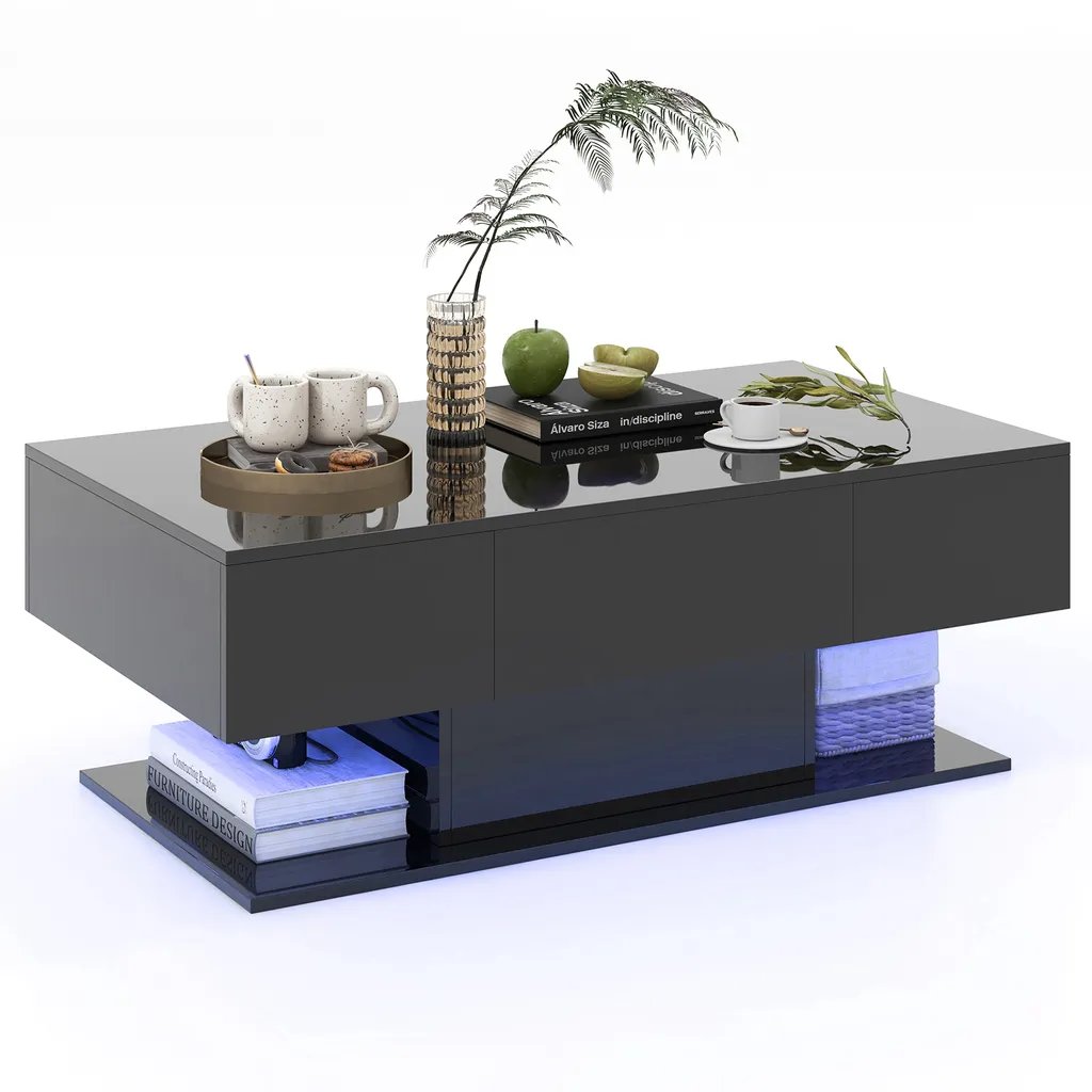 Table basse avec éclairage LED réglable et 2 tiroirs Noir 110x60x40cm