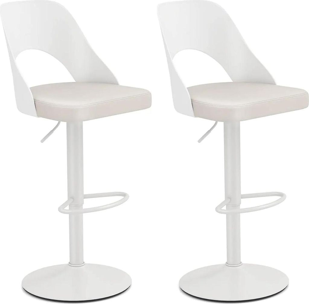 Barhocker - 2er Set - Höhenverstellbar - 360° Drehbar - Sitz & Rücken aus Kunstleder - Metallgestell - Für Küche & Tresen - Weiß
