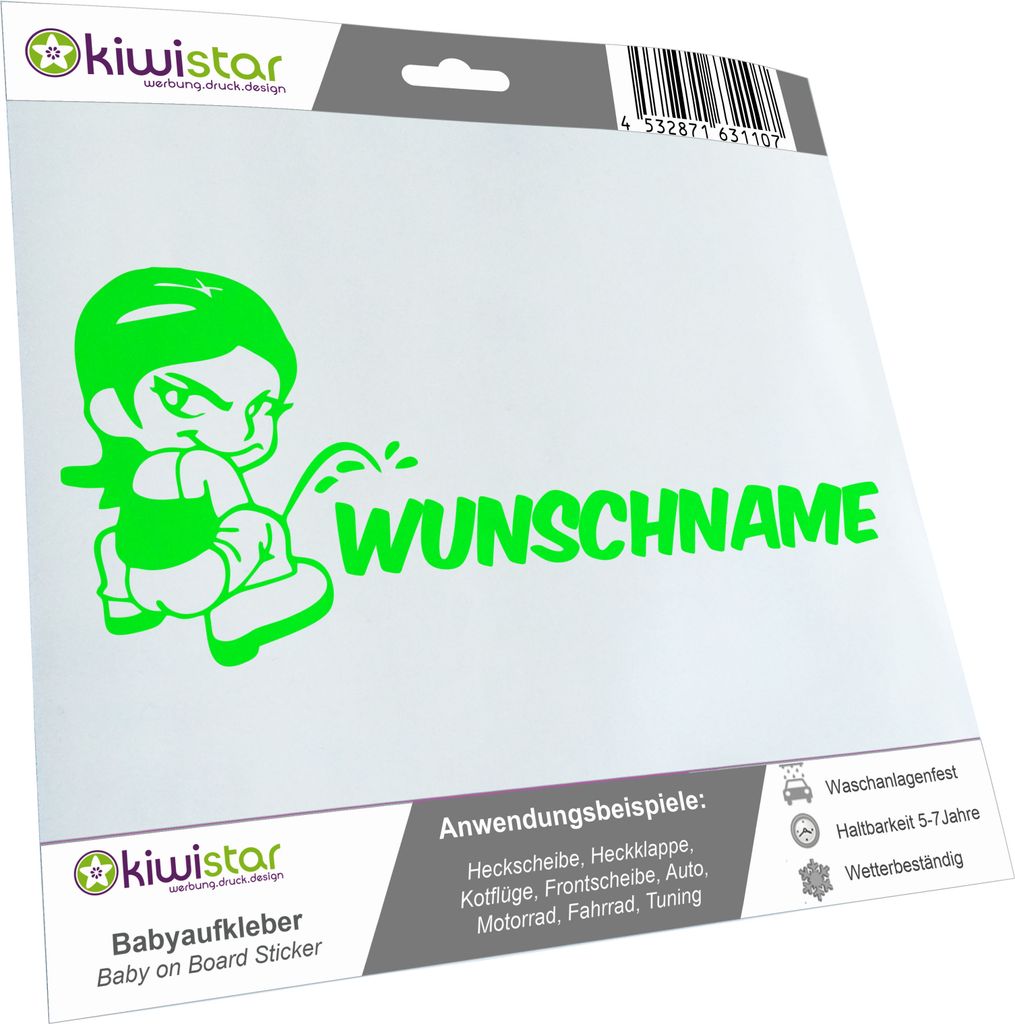 Kiwistar - Autoaufkleber - Piss on Wunschname - Mädchen - Frau - 24 cm - neongrün - Pissmännchen - Aufkleber für Auto, Laptop, Fahrrad, LKW, Mo...