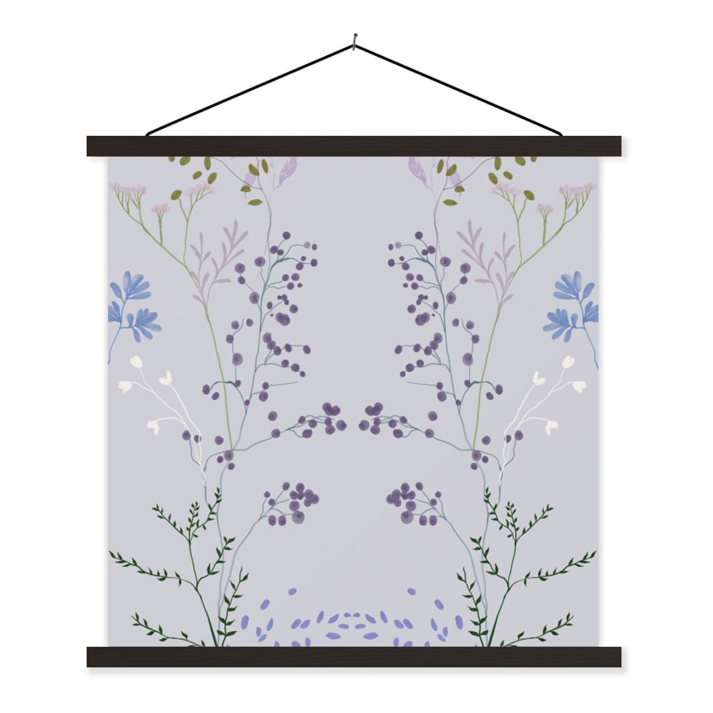 MuchoWow Textilposter Pastell - Grau - Blumen - Design 90x90 cm mit schwarzem Rahmen - Magnetisches
