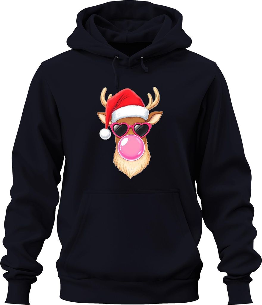 Weihnachtsrentier mit Kaugummi Herzbrille Weihnachtsmütze Cool Uni Hoodie Kapuzenpullover, Navy, S