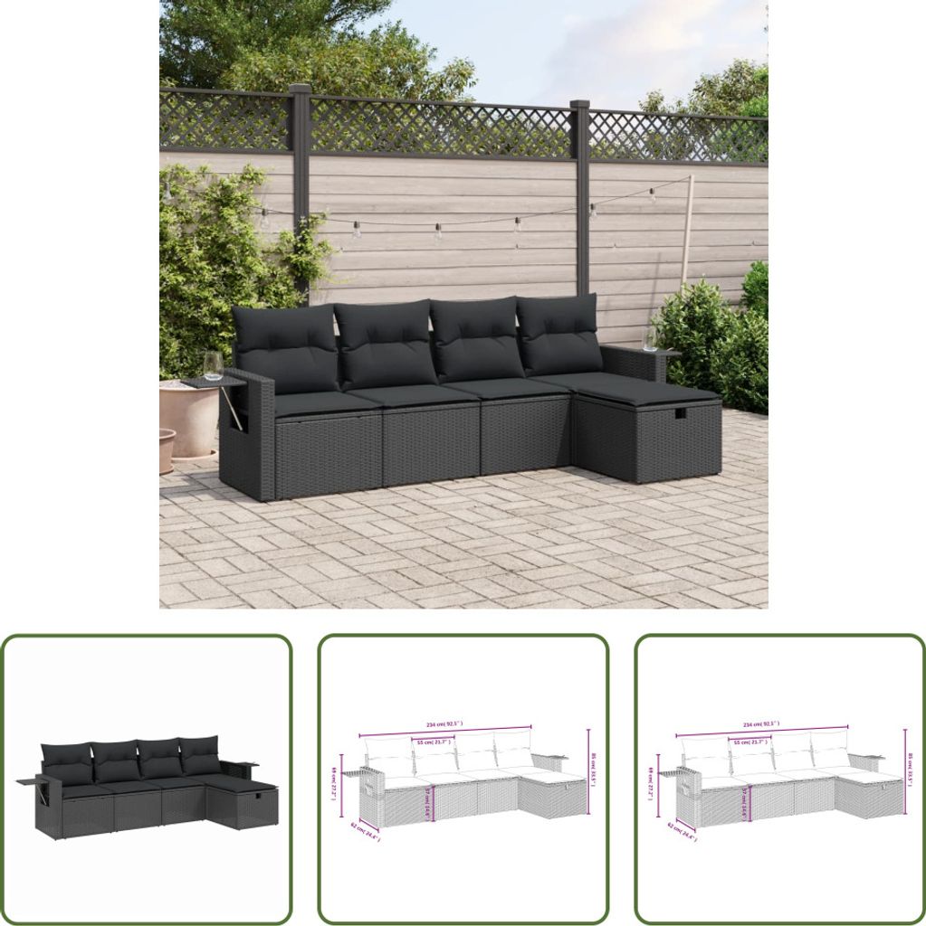 The Living Store 5-tlg. Garten-Sofagarnitur mit Kissen Schwarz Poly Rattan