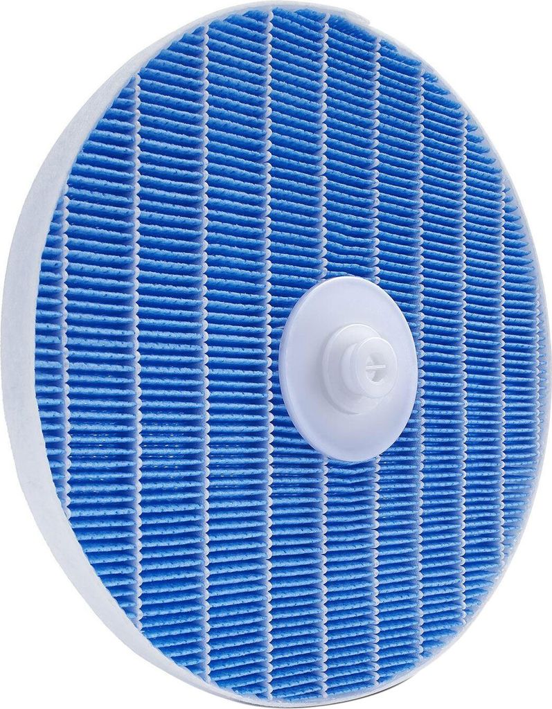 A circular blue filter with a white plastic attachment in the center, set against a white background.