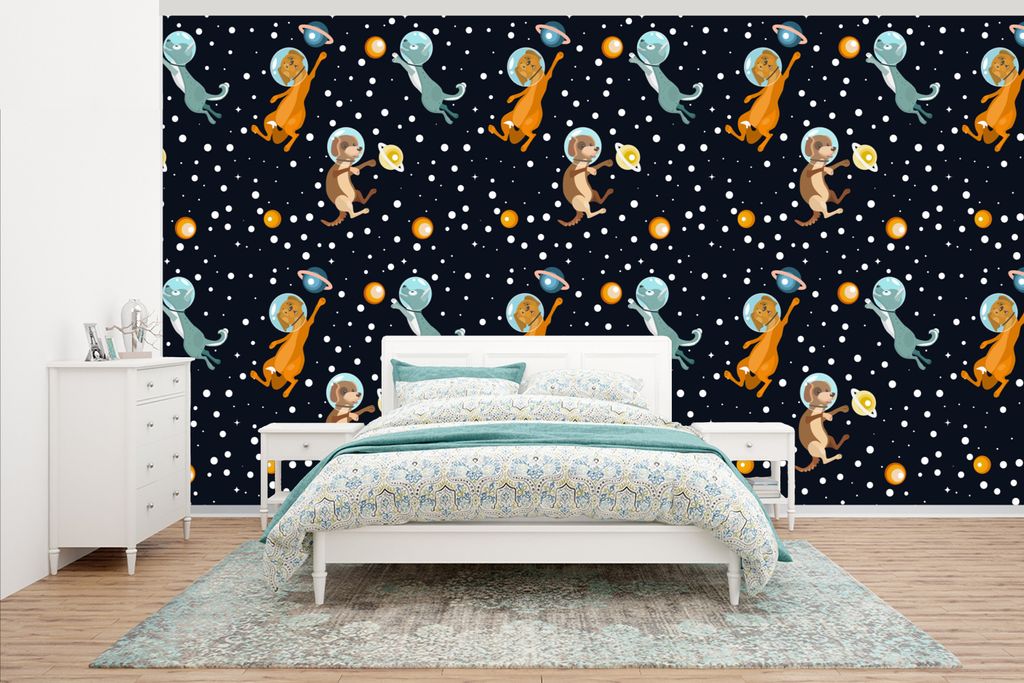 MuchoWow Fototapete für Wohnzimmer oder Schlafzimmer Wandtapete Vinyl Motivtapete Planeten - Hund - Muster - 500x280 cm - Fototapeten