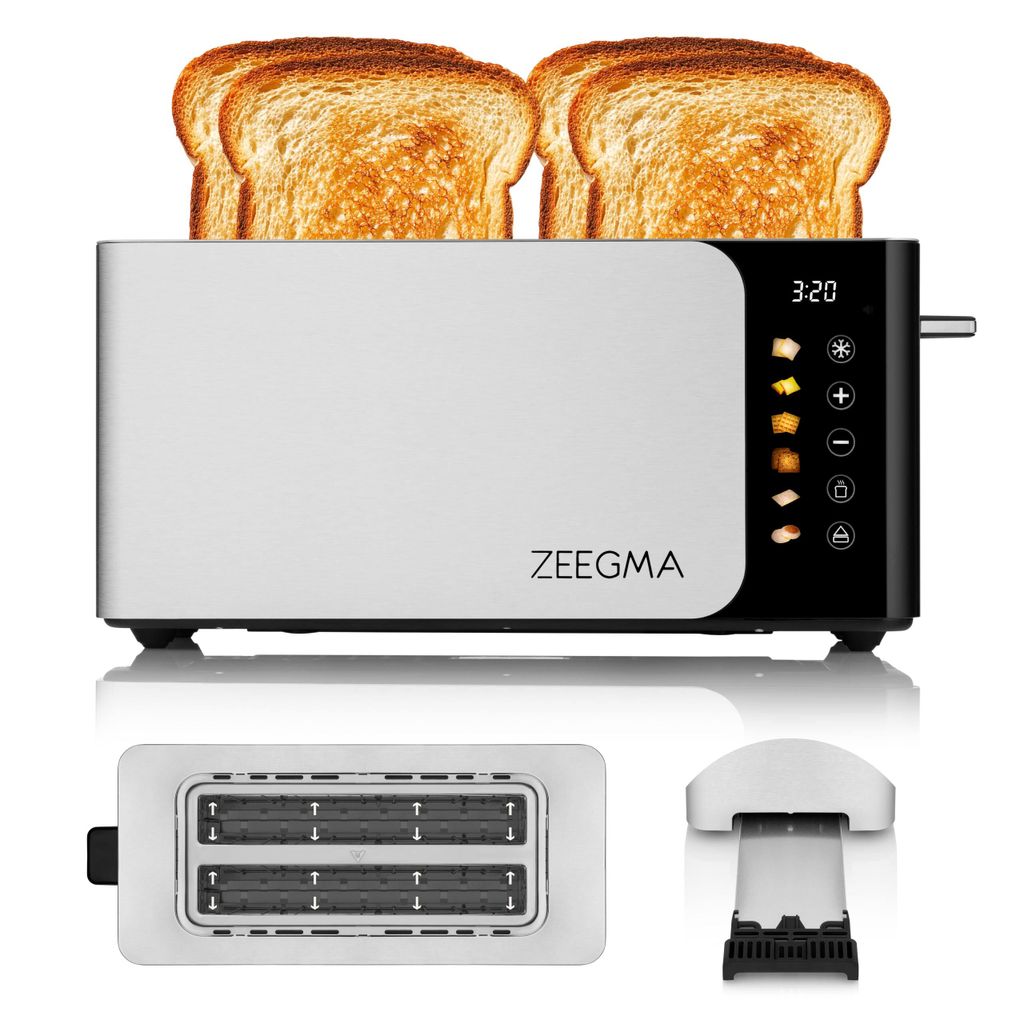 A silver and black toaster with two slices of toast on top, shown from a slightly elevated front angle. Below the toaster are separate views of the toaster slots and a crumb tray.