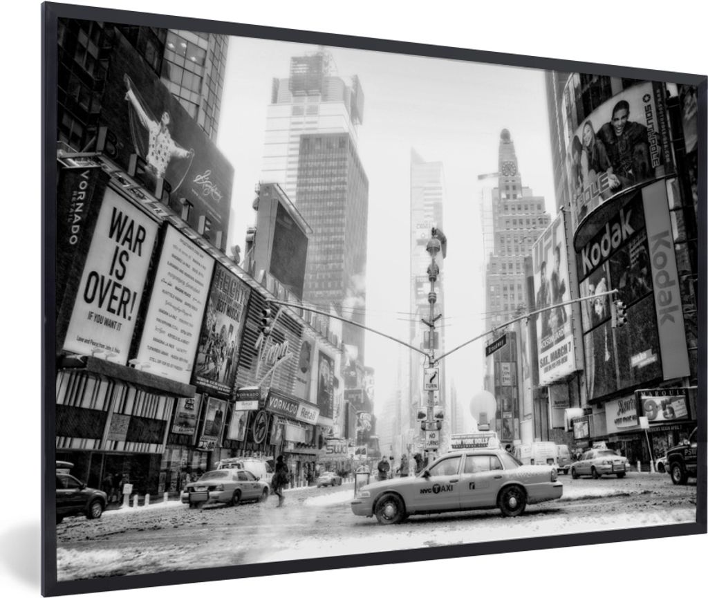 MuchoWow MuchoWow Gerahmtes Poster New York - Auto - Taxi - Schwarz - Weiß 30x20 cm - Poster mit zchwarzem Bilderrahmen - Kunstdruck - Bild-Po...