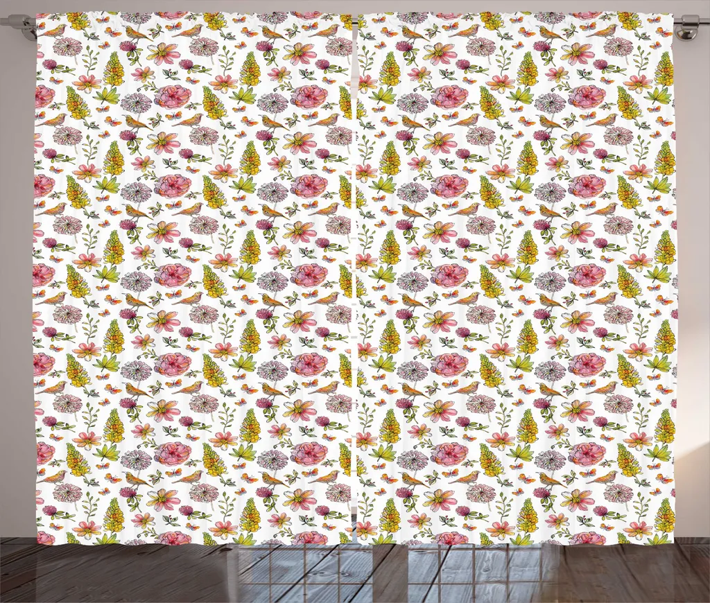 Rideau Imprimé Colibri Terre Jaune en Tissu Rustique 280 x 225 cm