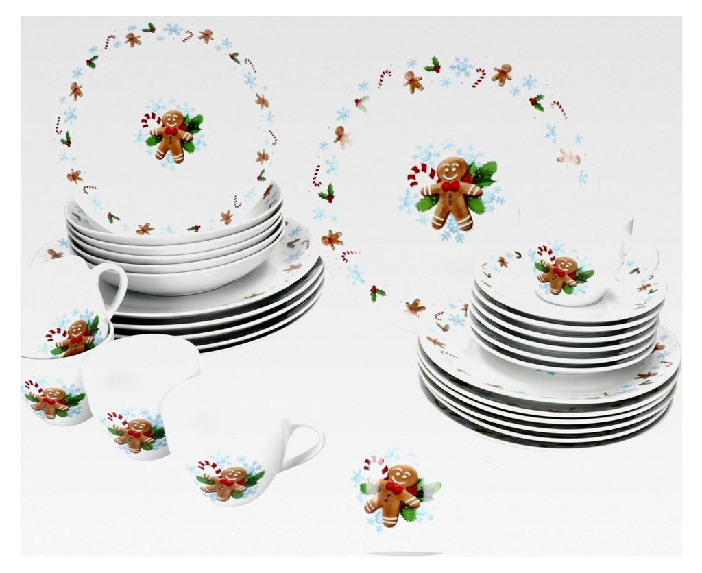 30-teiliges Kombiservice aus Porzellan mit Weihnachtsmotiv für 6 Personen | 6x Speiseteller, Suppenteller, Kuchenteller, Tassen und Untertassen
