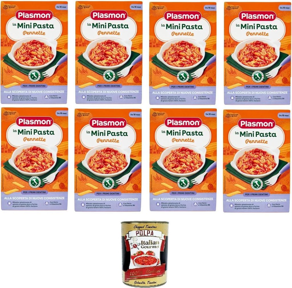 Plasmon la Mini Pasta Pennette die Mini -Stifte Pennette Pasta für Babys ab 10+ 8x 300 g + Italian Gourmet polpa 400g
