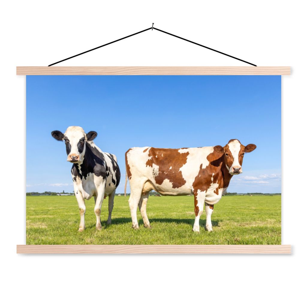 MuchoWow Textilposter Kühe - Bauernhof - Gras - Natur - Tiere 120x80 cm mit holzfarbenen Rahmen - Aufhängeset