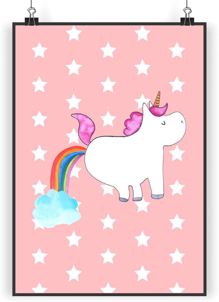 Mr. & Mrs. Panda Bild Einhorn Pupsen DIN A4 - Rot Pastell - Geschenk, Unicorn, Plakat, Kunstdruck, drucke, Pups, wanddeko, Spaß, Regenbogen, Wandb...