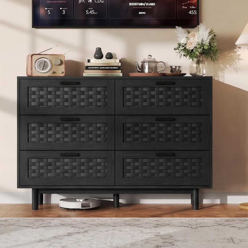 Comodino ProximaX nero con 6 cassetti, effetto rattan, Immagine del prodotto 