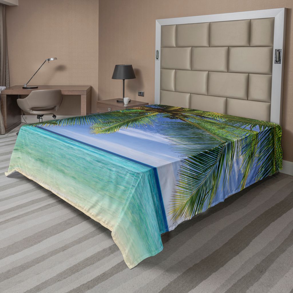 ABAKUHAUS Ozean Bettlaken, Tropische Paradies-Ansicht bei Maldives mit Palmen löschen blauen Himmel-Küsten-Bild, weiches bequemes oberes Bettlake...