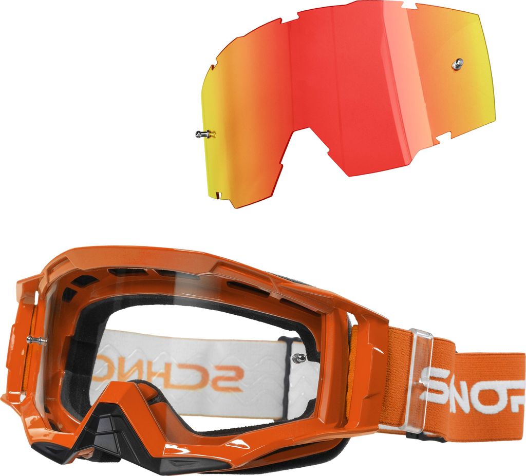 Schnorr MX Neo orange - Motocross Brille | Transparentes Glas (S0), Anti-Fog, Tear-Off mit Wechselglas verspiegelt Rot