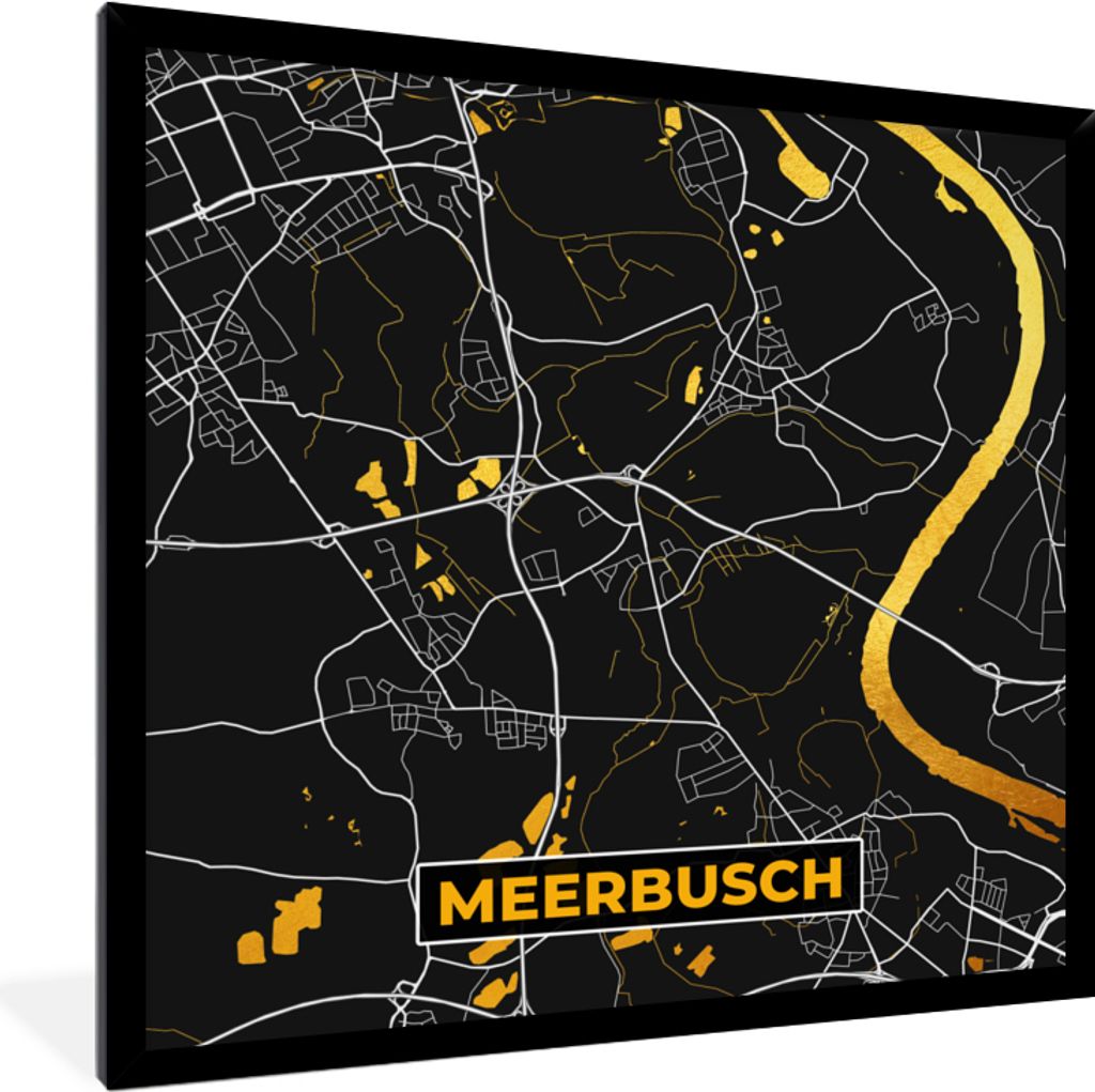 MuchoWow Gerahmtes Poster Schwarz und Gold - Stadtplan - Meerbusch - Deutschland - Karte 40x40 cm - Poster mit Schwarzem Bilderrahmen Wandposter ...