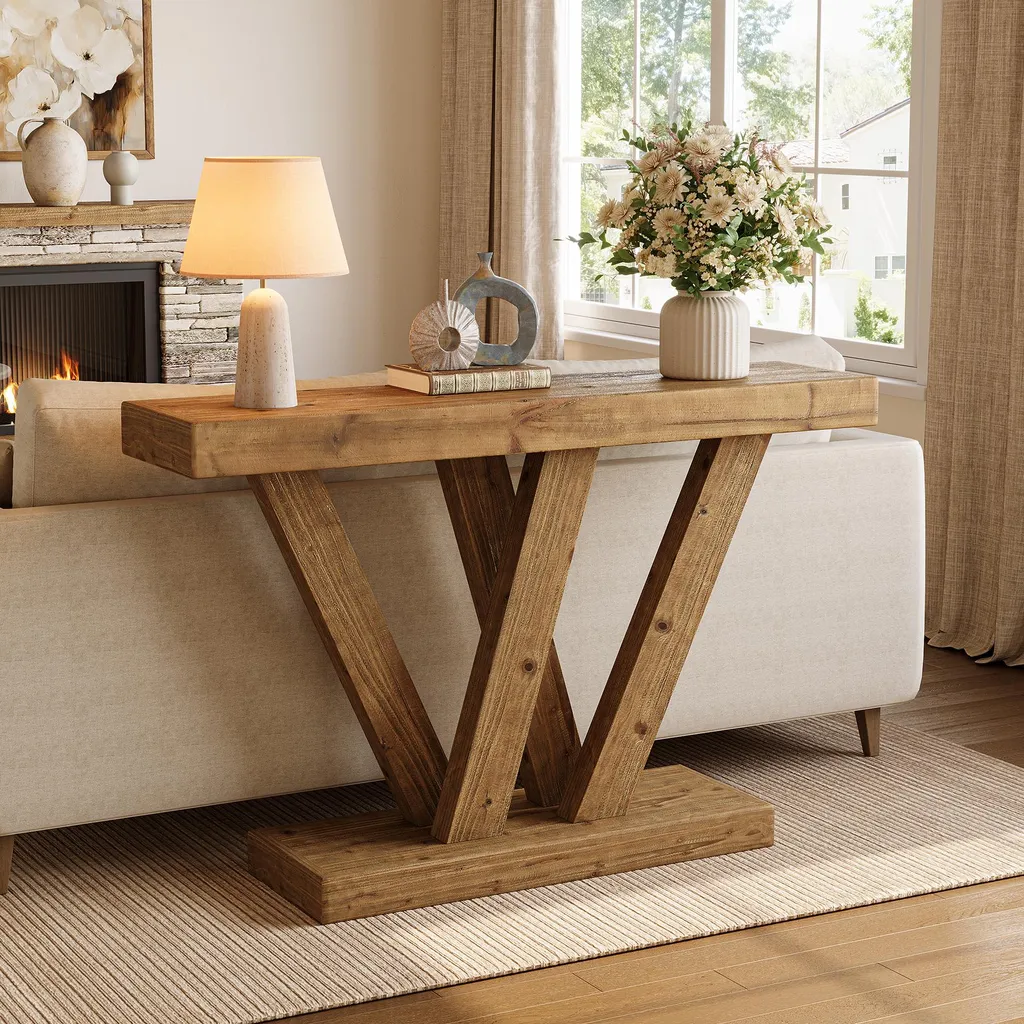 Tribesigns Table Console en Bois Massif 120cm avec Double Base en V - 4