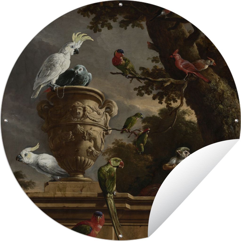 MuchoWow Gartenposter Outdoor-Poster Rund Die Menagerie - Gemälde von Melchior d'Hondecoeter Ø 150 cm Gartendeko Rundes Poster draußen