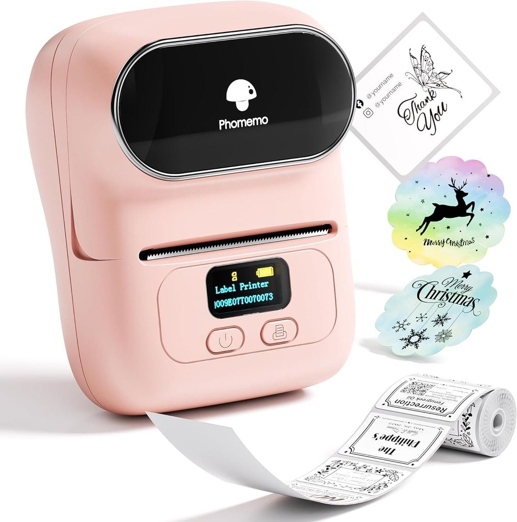 Phomemo M110 Thermo-Etikettendrucker Mini Bluetooth für Kleidung Supermarkt, kompatibel mit Android & iOS, Rosa