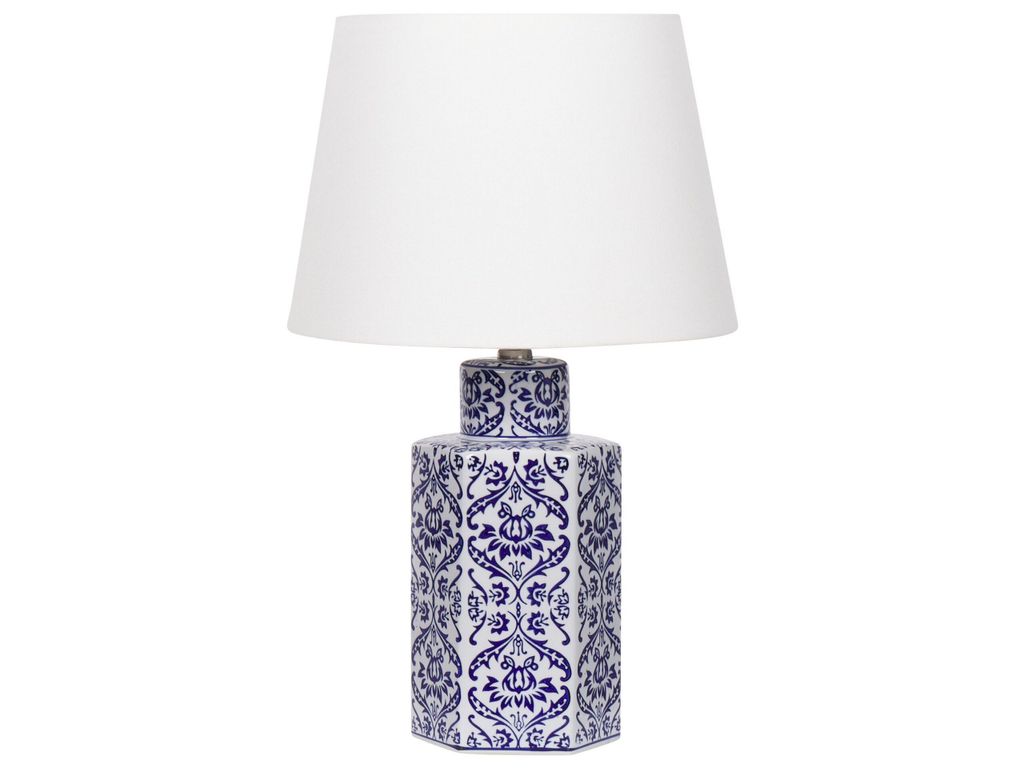 BELIANI Tischlampe Blau und Weiß Porzellan Vasenform 53 cm Stoffschirm Kegelform Handbemalt Kabel mit Schalter Modern Schlaf- u. Wohnzimmer Beleuc...