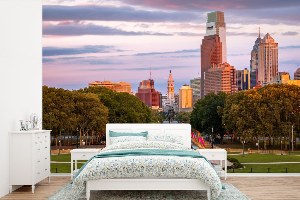 MuchoWow Fototapete für Wohnzimmer oder Schlafzimmer Wandtapete Vinyl Motivtapete Philadelphia - Baum - Sonne - 600x400 cm - Vinyltapeten